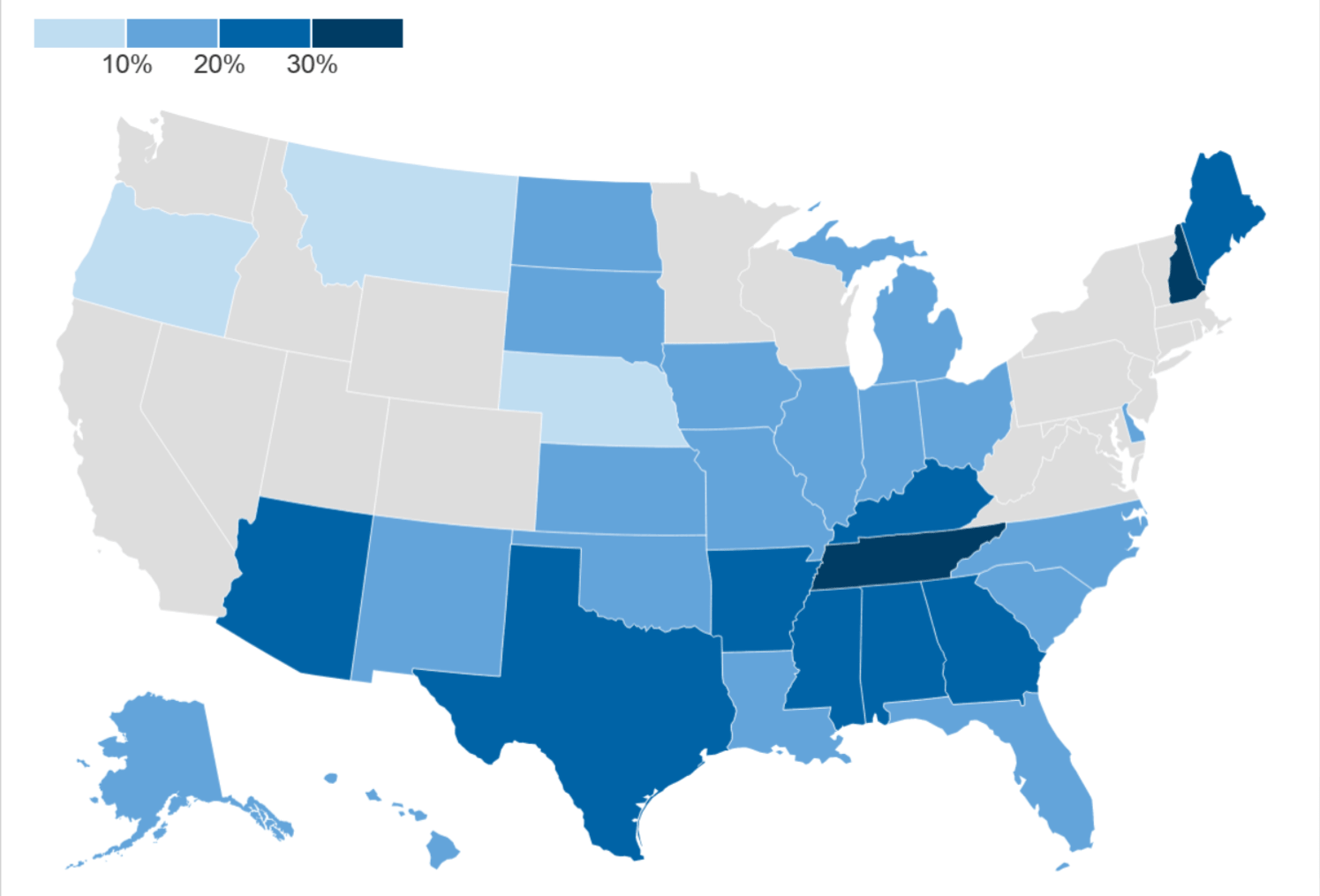 State-wise breakdown of average denial rate for in-network claims by healthcare.gov issuers, 2019